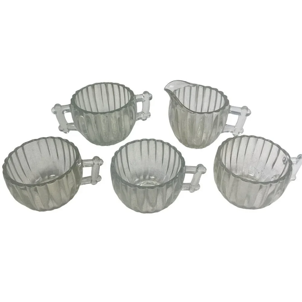 Vintage Clear Glass Striped Design 3 Coffee Tea Mug Creamer Sugar Bowl Set